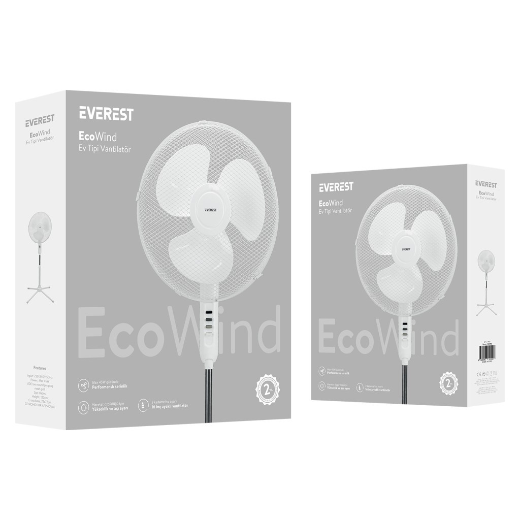 Everest FAN10 EcoWind Beyaz 16 Maks 45W 3 Kademe 1100RPM Metal Yıldız Ayak 3 Bıçaklı Vantilatör/ Pervanesi, Ev Tipi Vantilatör Everest FAN10 EcoWind Beyaz 16 Maks 45W 3 Kademe 1100RPM Metal Yıldız Ayak 3 Bıçaklı Vantilatör/ Pervanesi, Ev Tipi Vantilatör