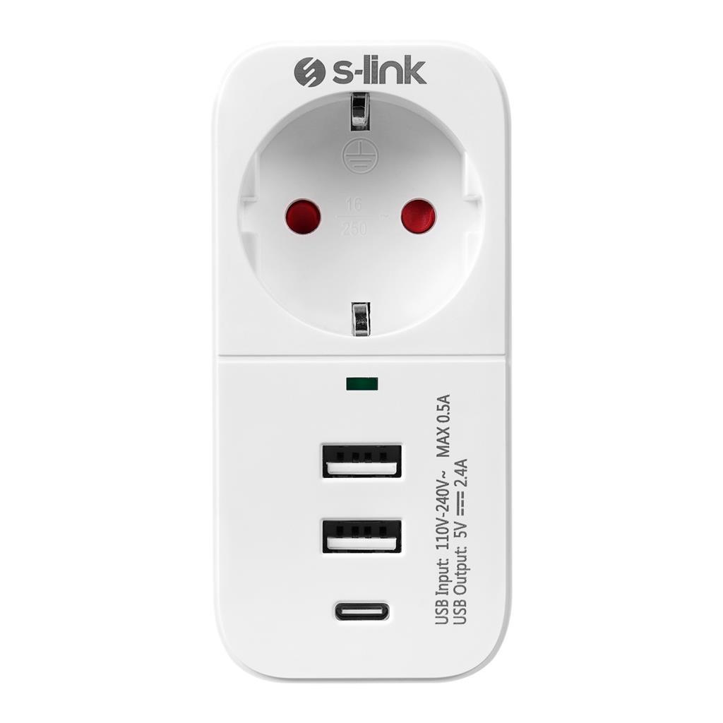 S-link SL-011 16A/250V 750 Joule 2 Usb 1 Type C 5V2.4A Isıya Duyarlı Devre ve Akım Korumalı Tekli Priz S-link SL-011 16A/250V 750 Joule 2 Usb 1 Type C 5V2.4A Isıya Duyarlı Devre ve Akım Korumalı Tekli Priz