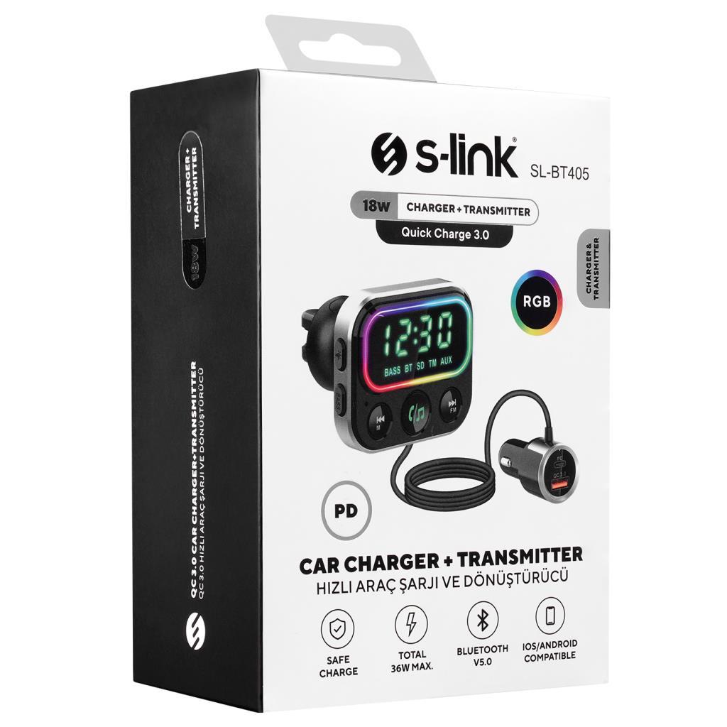 S-link SL-BT405 RGB Bluetooth V5.0 Geniş Led Ekran+TF Kart Çİft USB QC3.0 ve PD18W Hızlı Şarj FM Transmitter S-link SL-BT405 RGB Bluetooth V5.0 Geniş Led Ekran+TF Kart Çİft USB QC3.0 ve PD18W Hızlı Şarj FM Transmitter