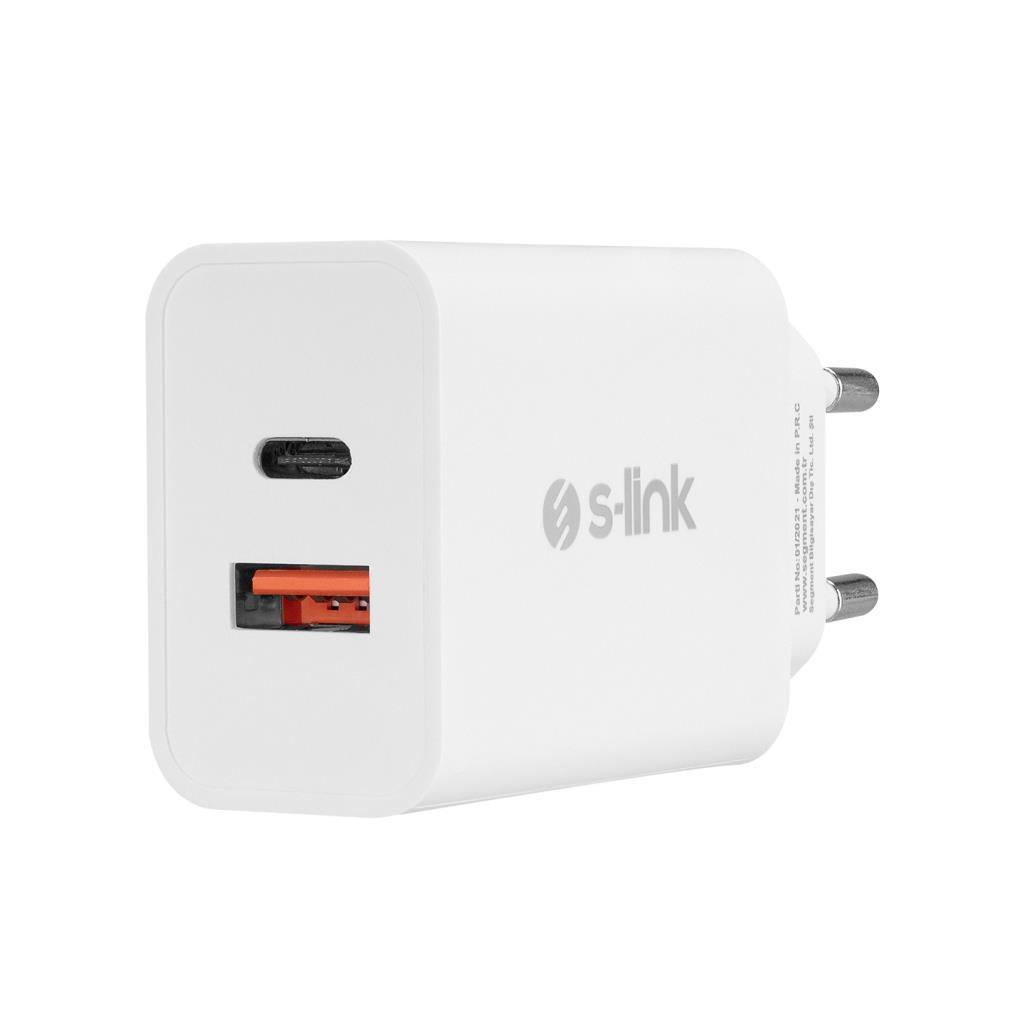 S-link SL-EC60 20W PD3.0/Quick Charge QC3.0 Type USB-C +USB A Hızlı Beyaz Ev Şarj Adaptör S-link SL-EC60 20W PD3.0/Quick Charge QC3.0 Type USB-C +USB A Hızlı Beyaz Ev Şarj Adaptör