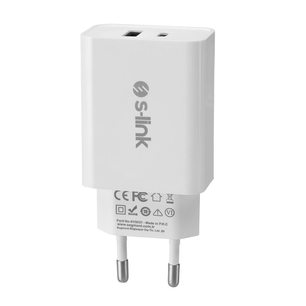 S-link SL-EC60 20W PD3.0/Quick Charge QC3.0 Type USB-C +USB A Hızlı Beyaz Ev Şarj Adaptör S-link SL-EC60 20W PD3.0/Quick Charge QC3.0 Type USB-C +USB A Hızlı Beyaz Ev Şarj Adaptör