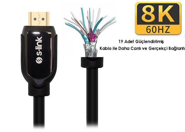 S-link SL-H8K01 HDMI TO HDMI 1.5m 8K Ultra HDR 2.1V 7680P Metal Kılıflı Kablo S-link SL-H8K01 HDMI TO HDMI 1.5m 8K Ultra HDR 2.1V 7680P Metal Kılıflı Kablo
