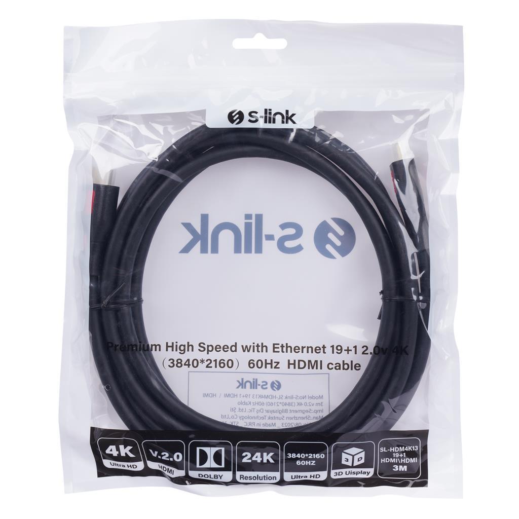 S-link SL-HDM4K13 19+1 HDMI to HDMI 3m v2.0 4K (3840*2160) 60Hz Kablo S-link SL-HDM4K13 19+1 HDMI to HDMI 3m v2.0 4K (3840*2160) 60Hz Kablo