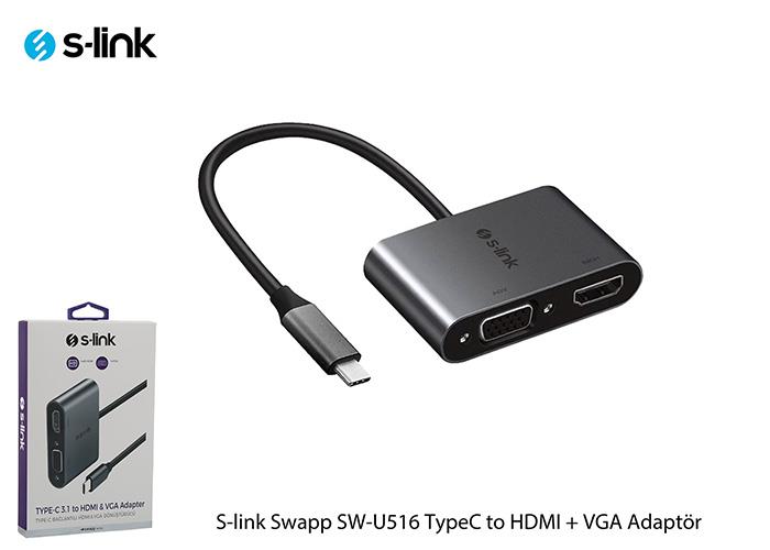 S-link Swapp SW-U516 TypeC to HDMI + VGA Adaptör S-link Swapp SW-U516 TypeC to HDMI + VGA Adaptör